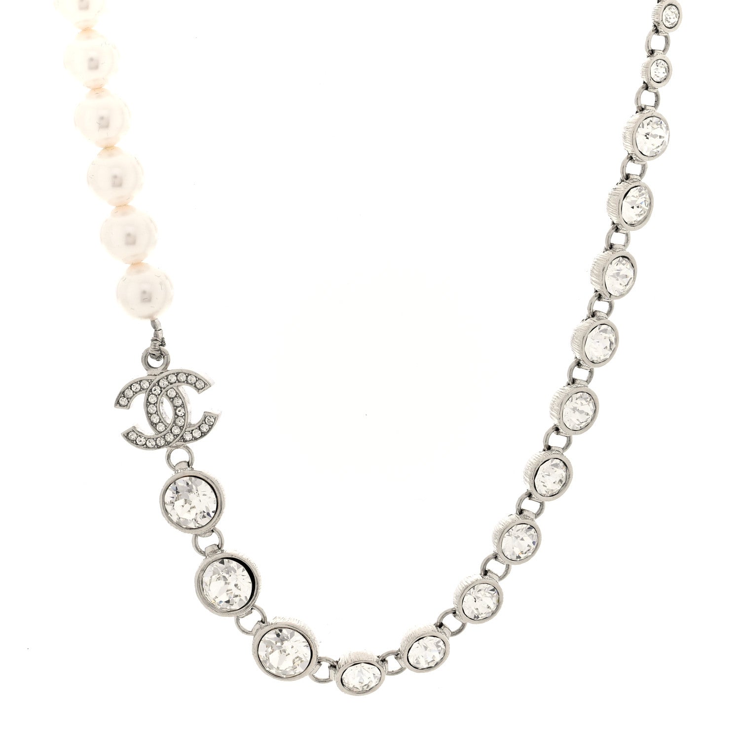 Chanel Pearl Crystal CC Choker Necklace Silver 1 of 5