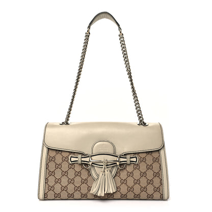 Gucci Monogram Margaux Calfskin Medium Emily Chain Shoulder Bag Beige Ebony Mystic White 1 of 14