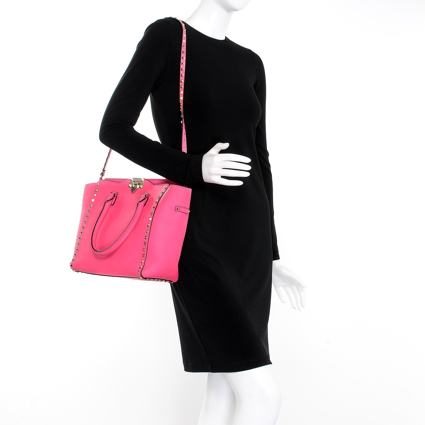 Vitello Rockstud Double Handle Tote Fuxia Fluo
