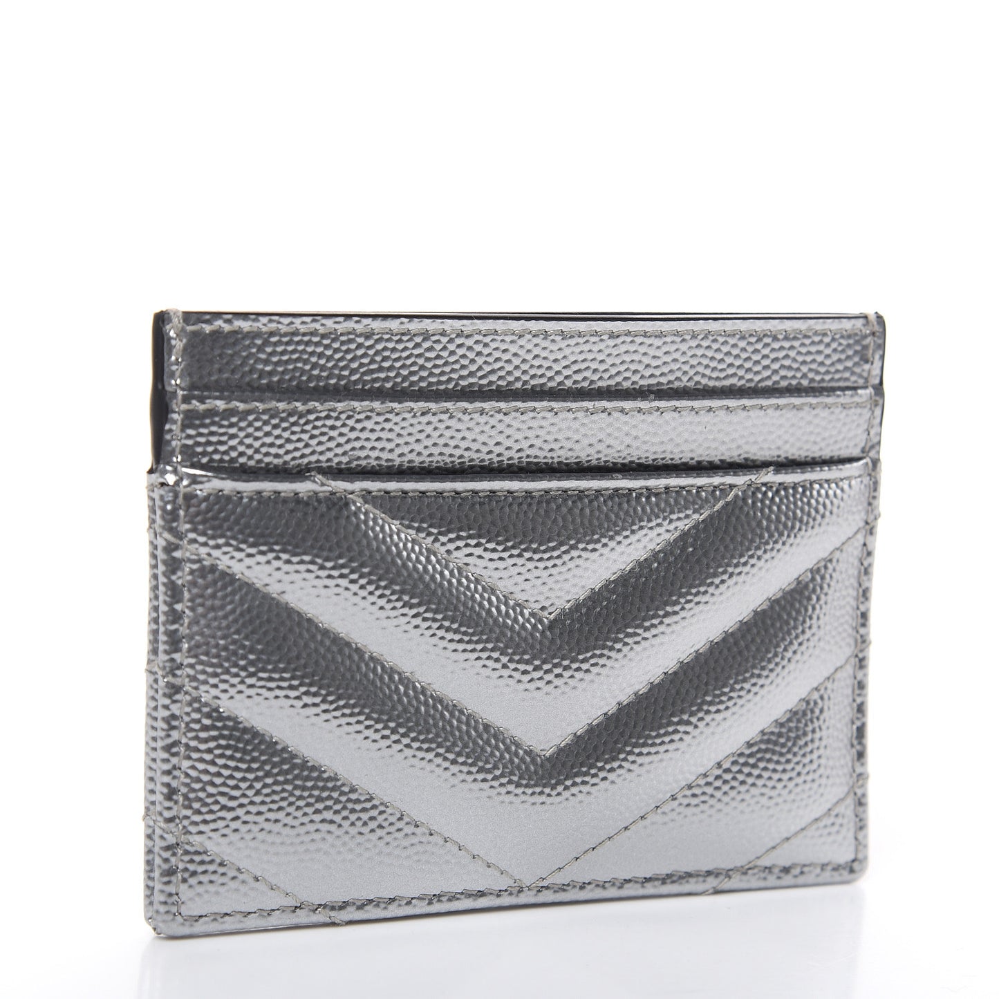 Metallic Grain De Poudre Matelasse Chevron Monogram Credit Card Case Argento