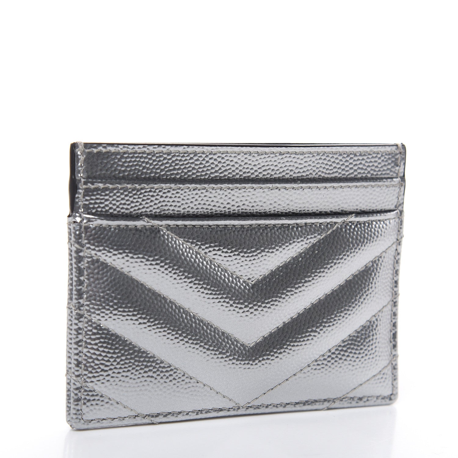Saint Laurent Metallic Grain De Poudre Matelasse Chevron Monogram Credit Card Case Argento 3 of 8