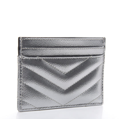 Saint Laurent Metallic Grain De Poudre Matelasse Chevron Monogram Credit Card Case Argento 3 of 8