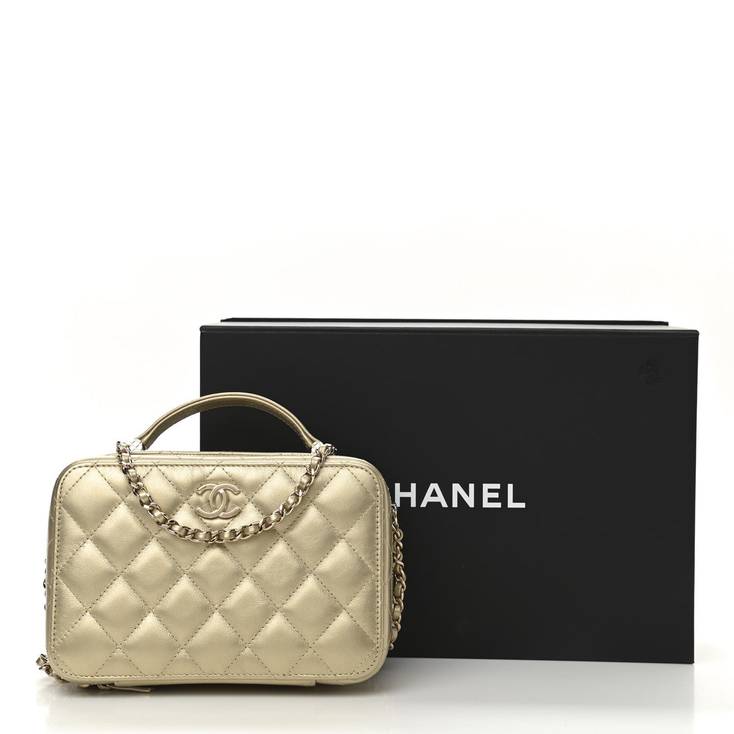 Metallic Lambskin Quilted Top Handle Vanity Case Gold