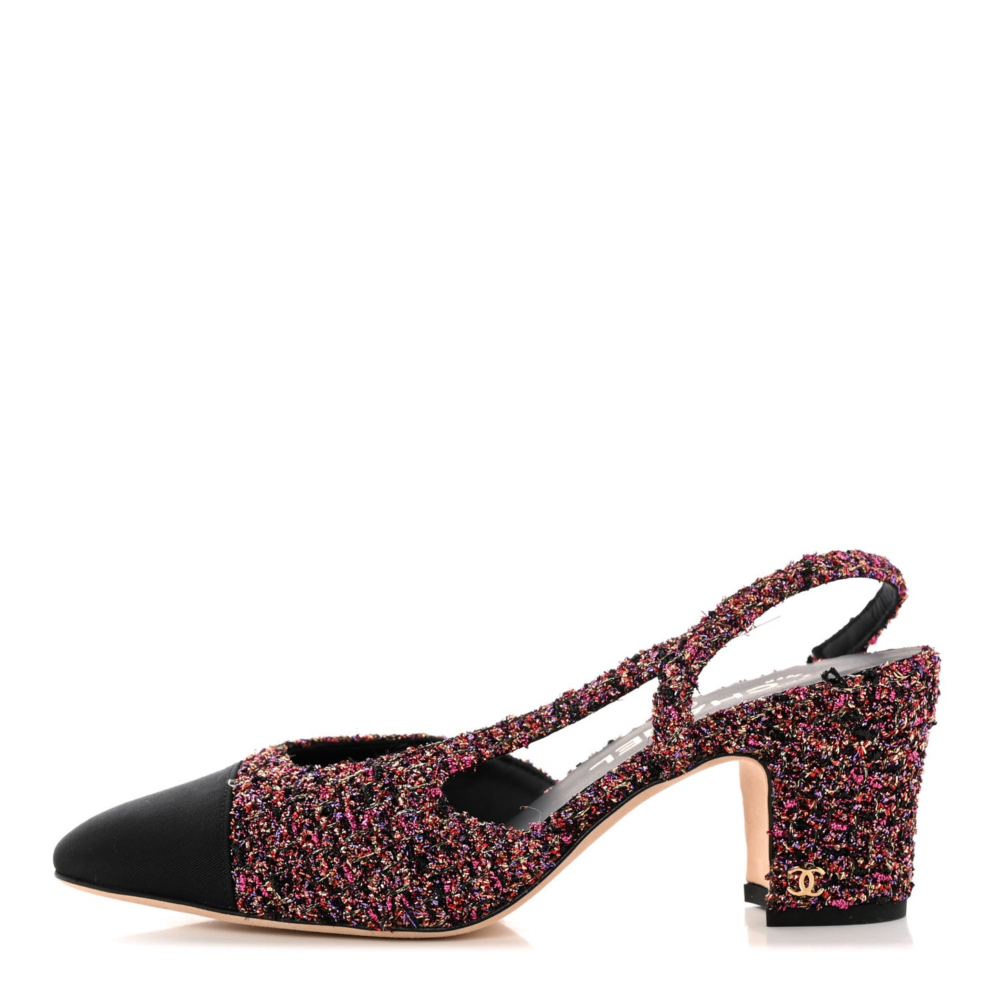 Tweed Grosgrain Cap Toe CC Slingback Pumps 38 Pink Black