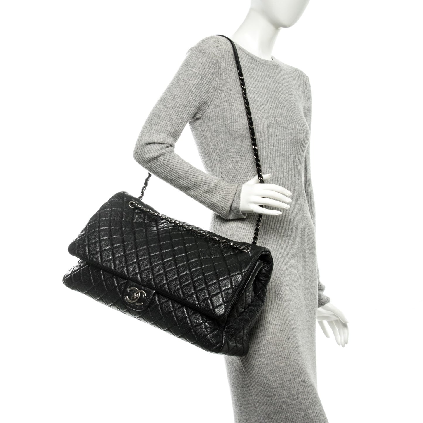 Calfskin Quilted XXL Travel Flap Bag Black