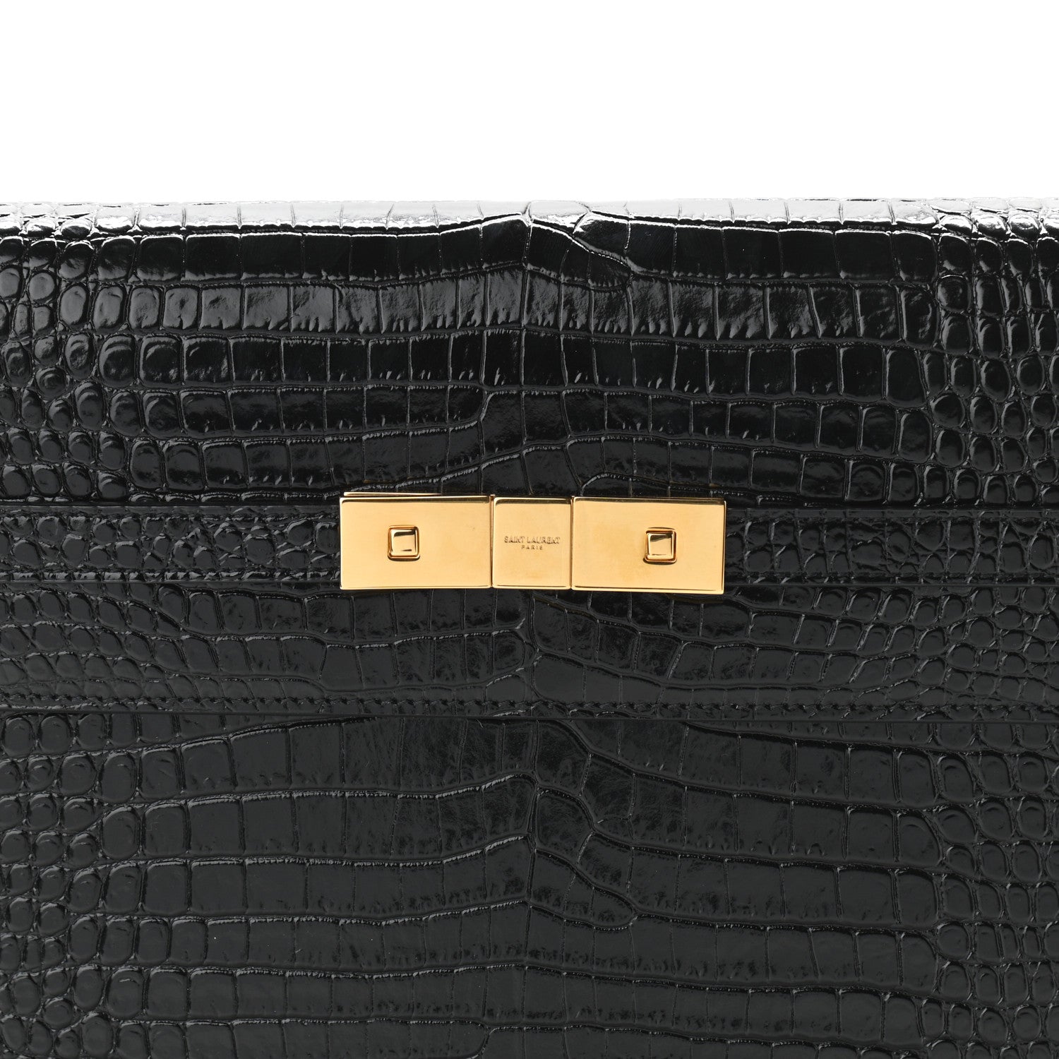 Saint Laurent Shiny Calfskin Crocodile Embossed Manhattan Baguette Black 7 of 9