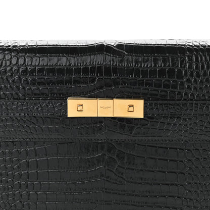 Saint Laurent Shiny Calfskin Crocodile Embossed Manhattan Baguette Black 7 of 9