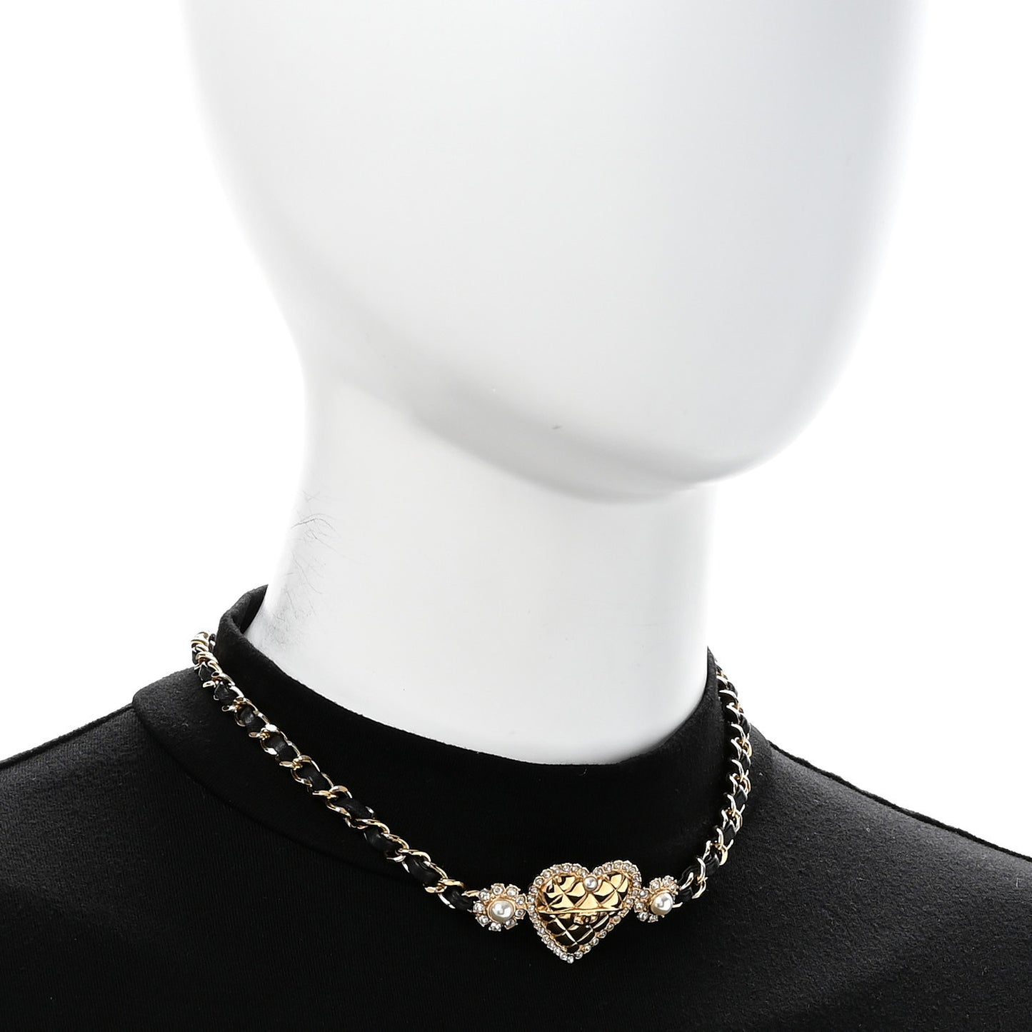 Metal Lambskin Glass Pearl Strass Heart Choker Gold Black