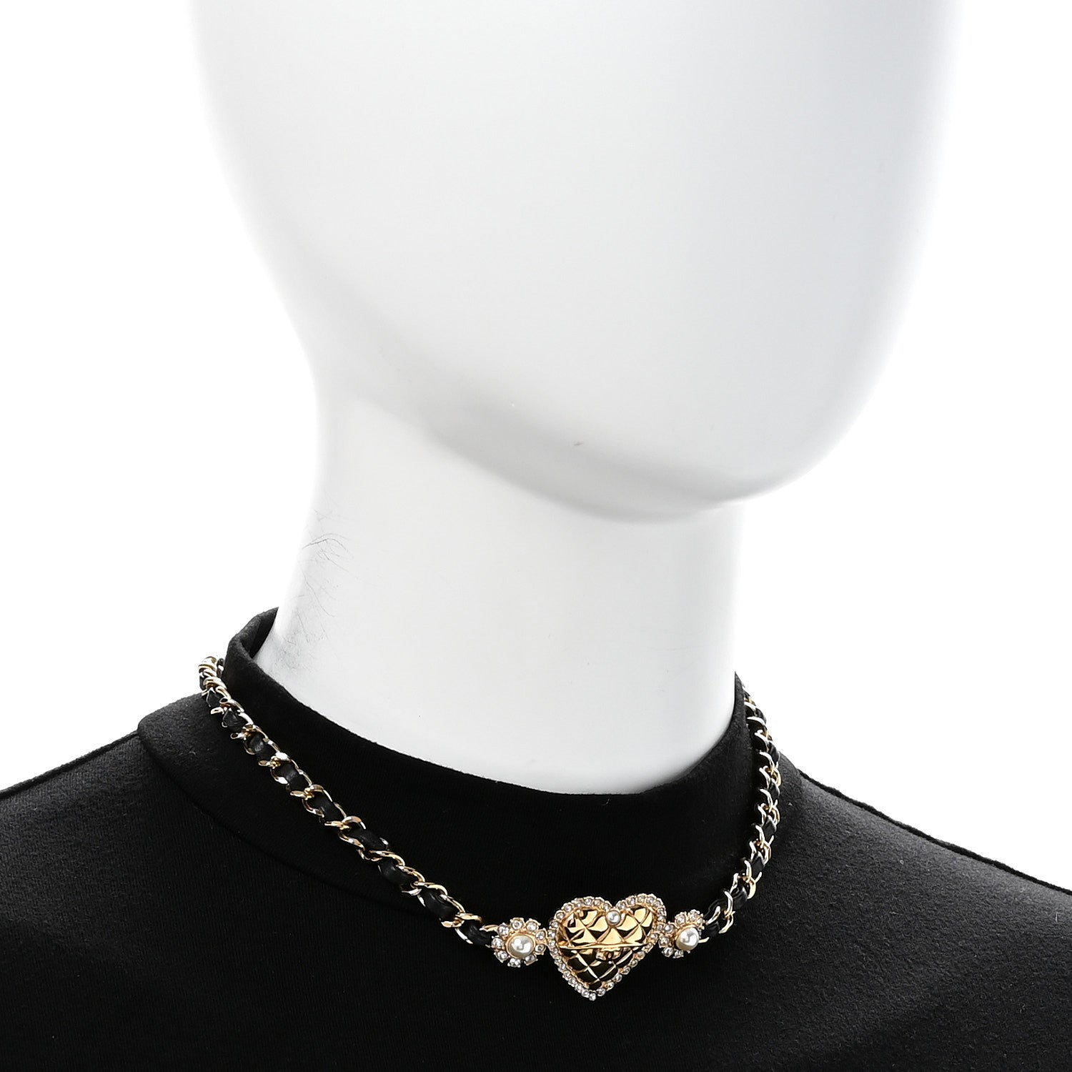 Chanel Metal Lambskin Glass Pearl Strass Heart Choker Gold Black 2 of 7