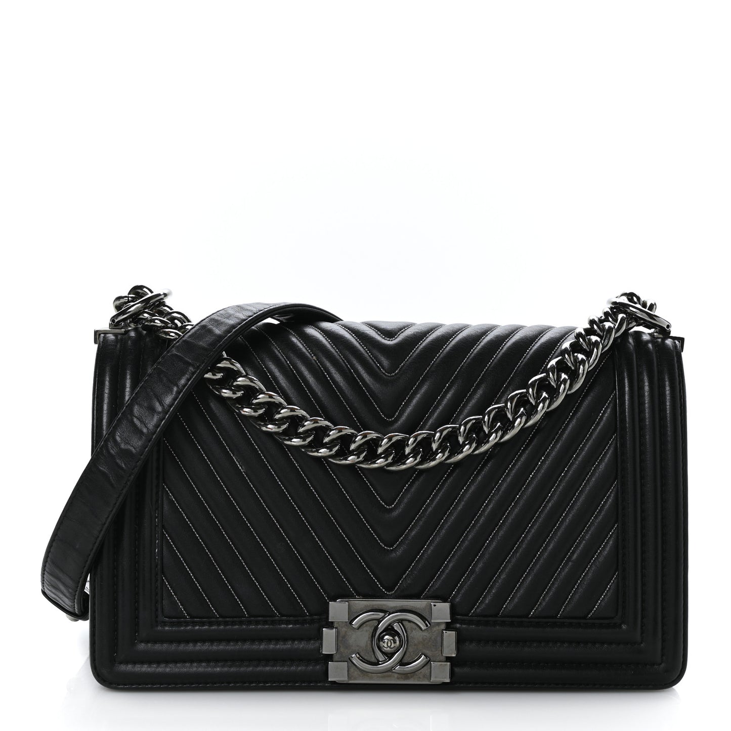 Calfskin Chevron Quilted Medium Chain Boy Flap Black