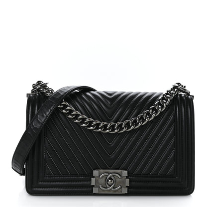 Chanel Calfskin Chevron Quilted Medium Chain Boy Flap Black 1 of 10