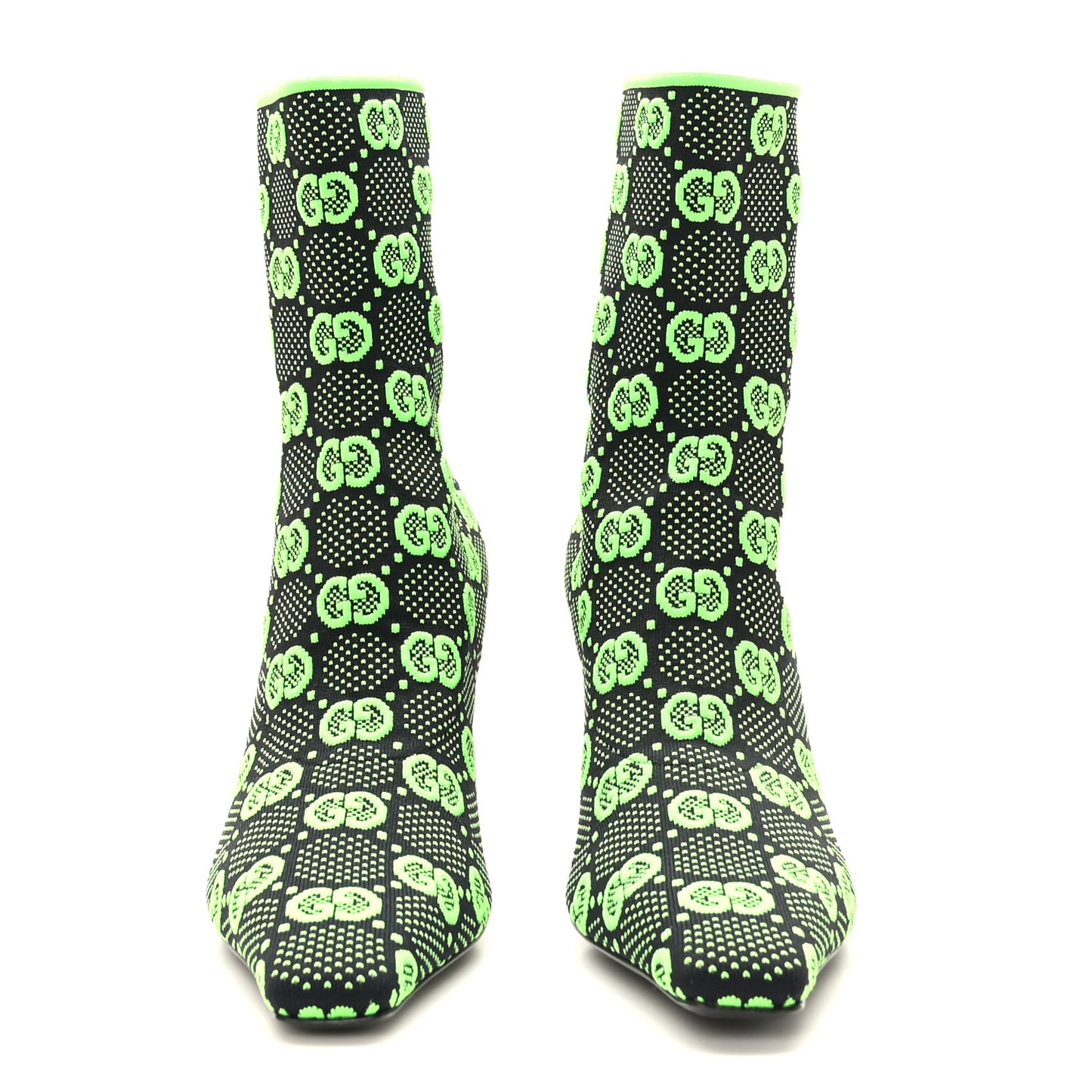 Technical Jersey Knit GG Monogram Square G 75mm Ankle Boots 38.5 Black Neon Green