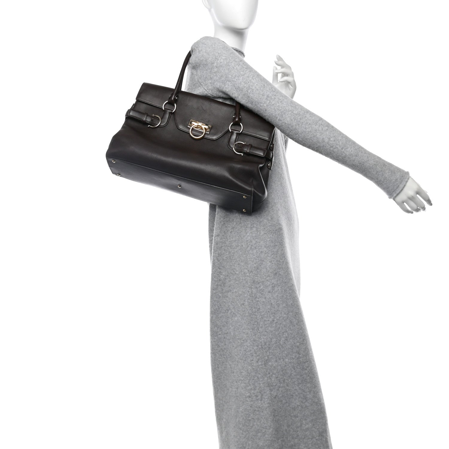 Salvatore Ferragamo Calfskin Gancini Top Handle Satchel Brown 2 of 12