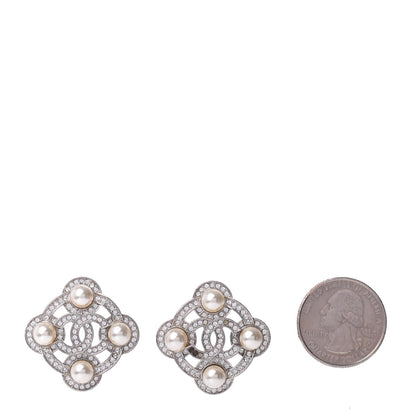 Chanel Pearl Crystal CC Earrings Silver 2 of 6