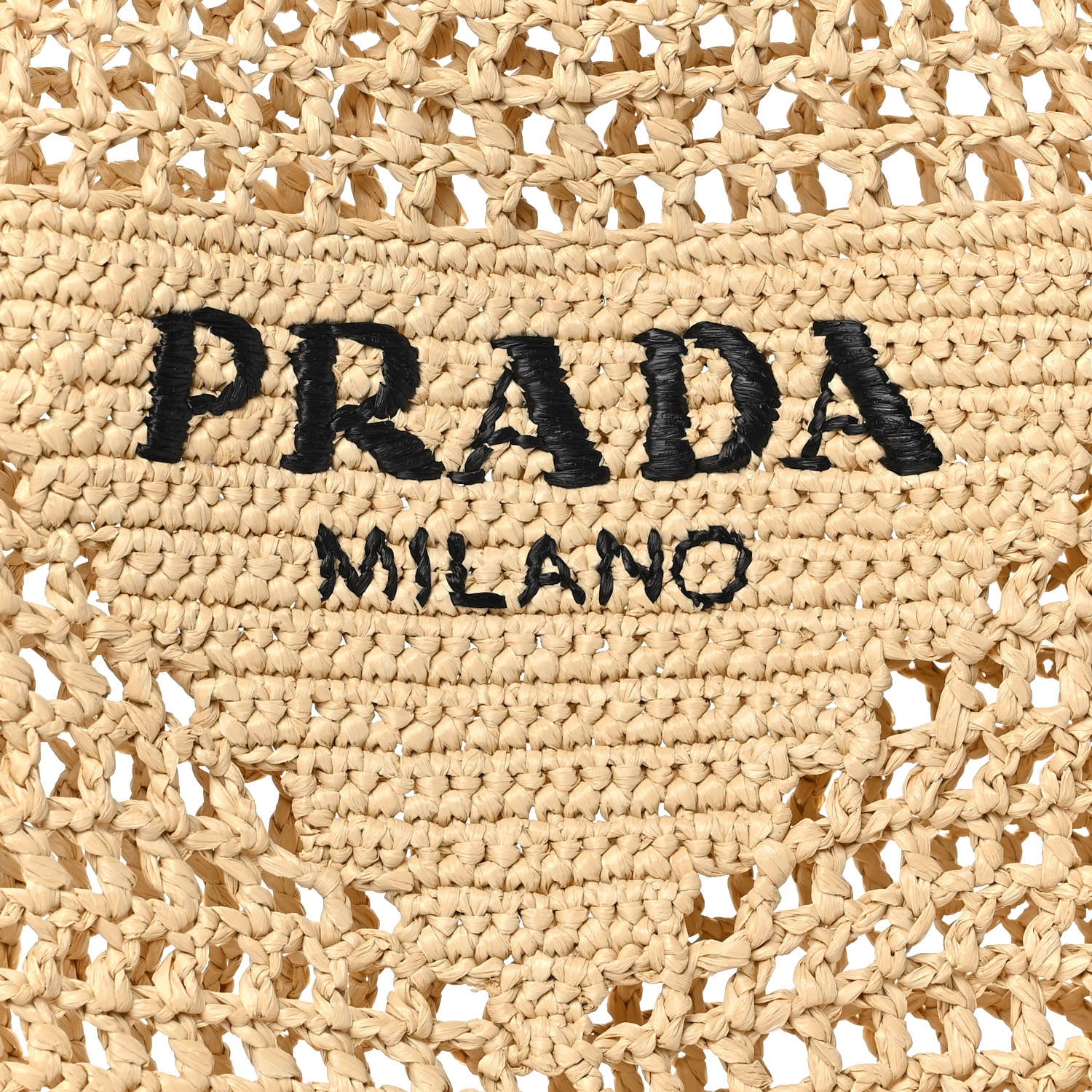Prada Yarn Raffia Effect Crochet Logo Embroidered Tote Bag Naturale 9 of 9