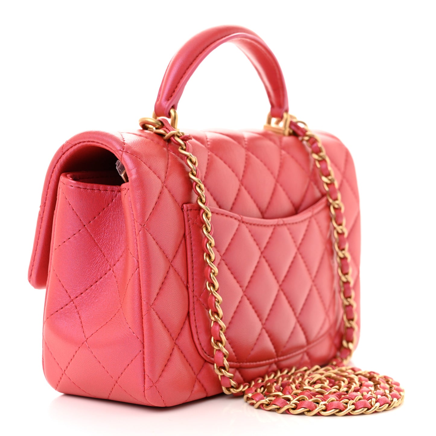 Iridescent Lambskin Quilted Mini Top Handle Rectangular Flap Red