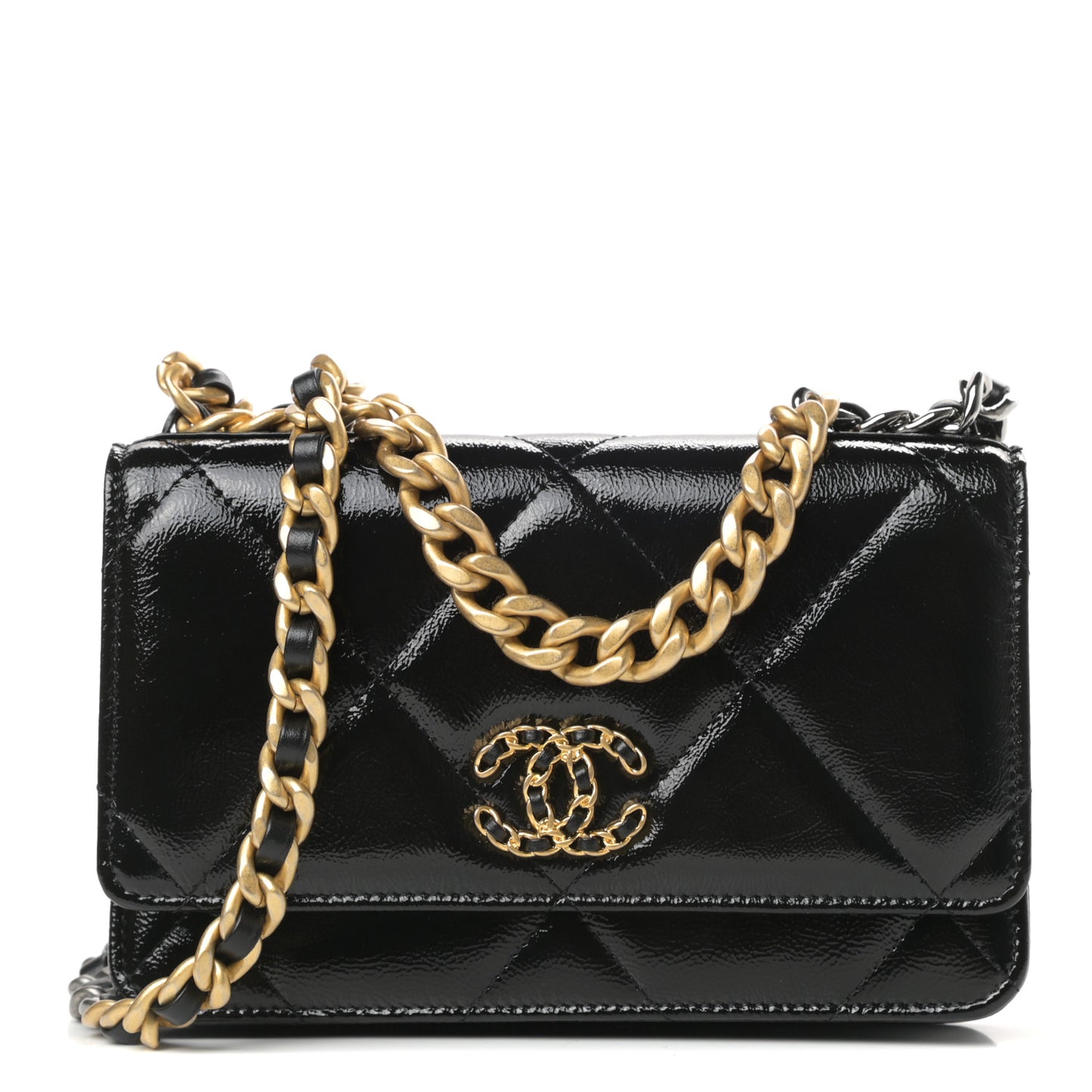 Shiny Crumpled Calfskin Quilted Chanel 19 Wallet On Chain WOC Black