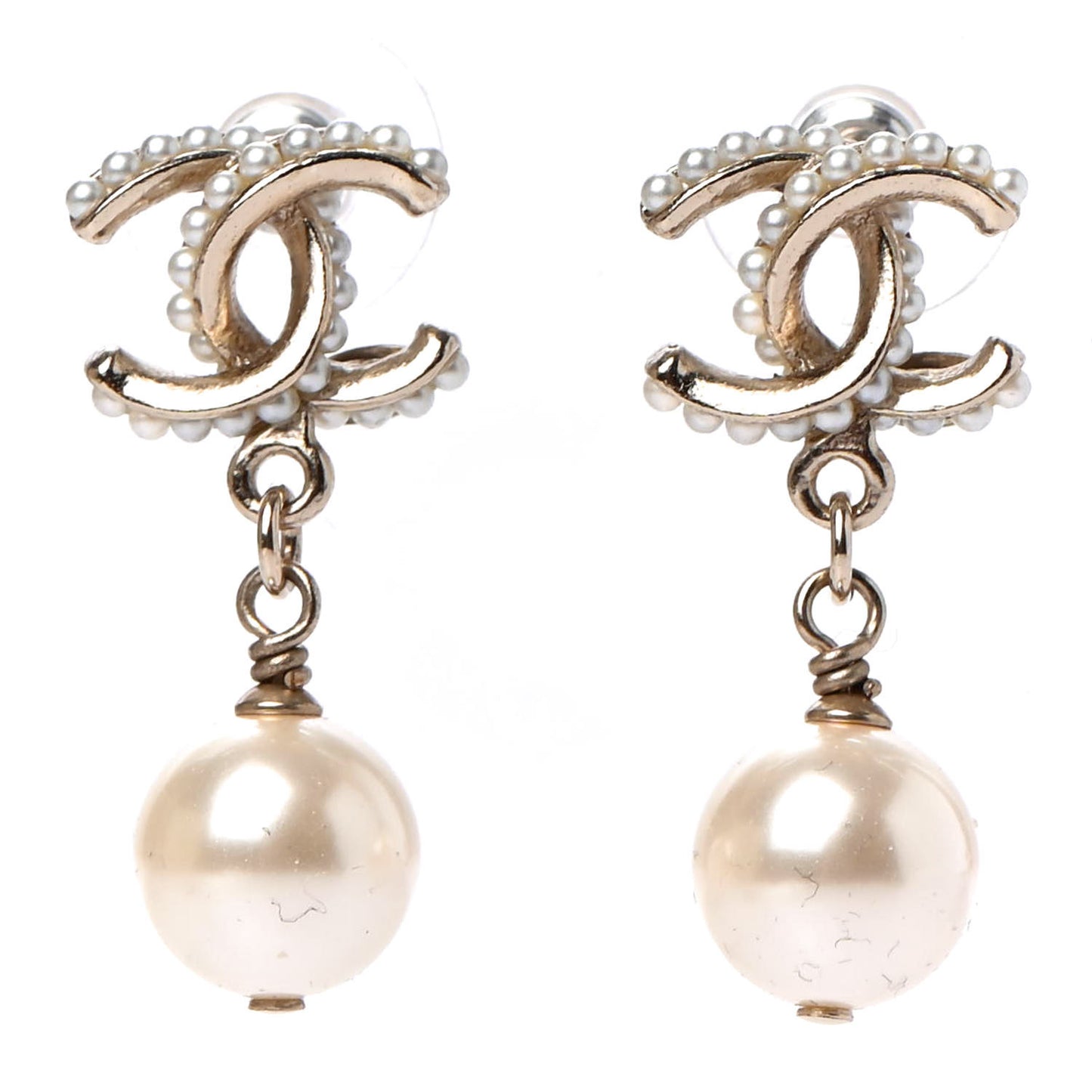 Pearl Twisted CC Drop Earrings Light Gold White