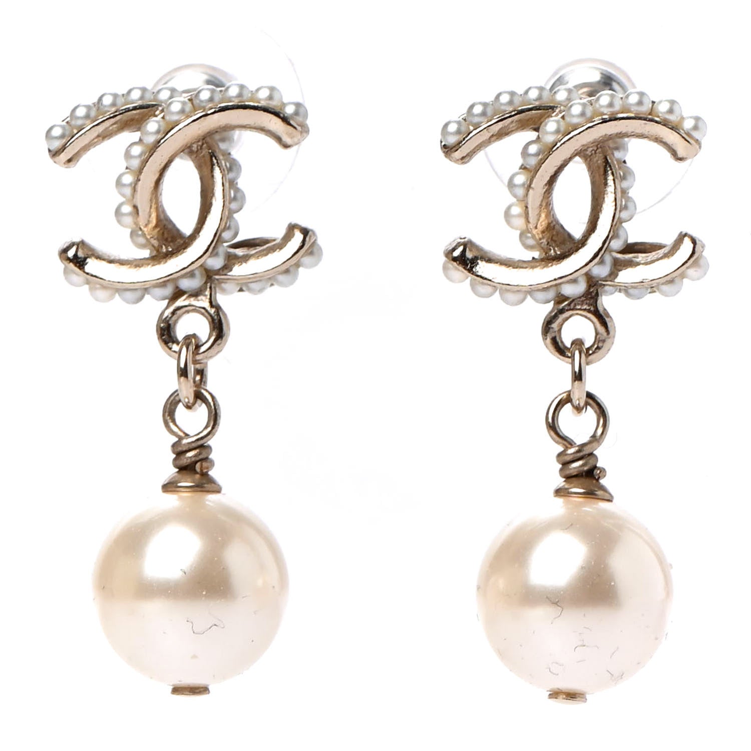 Chanel Pearl Twisted CC Drop Earrings Light Gold White 1 of 4