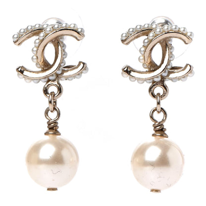 Chanel Pearl Twisted CC Drop Earrings Light Gold White 1 of 4