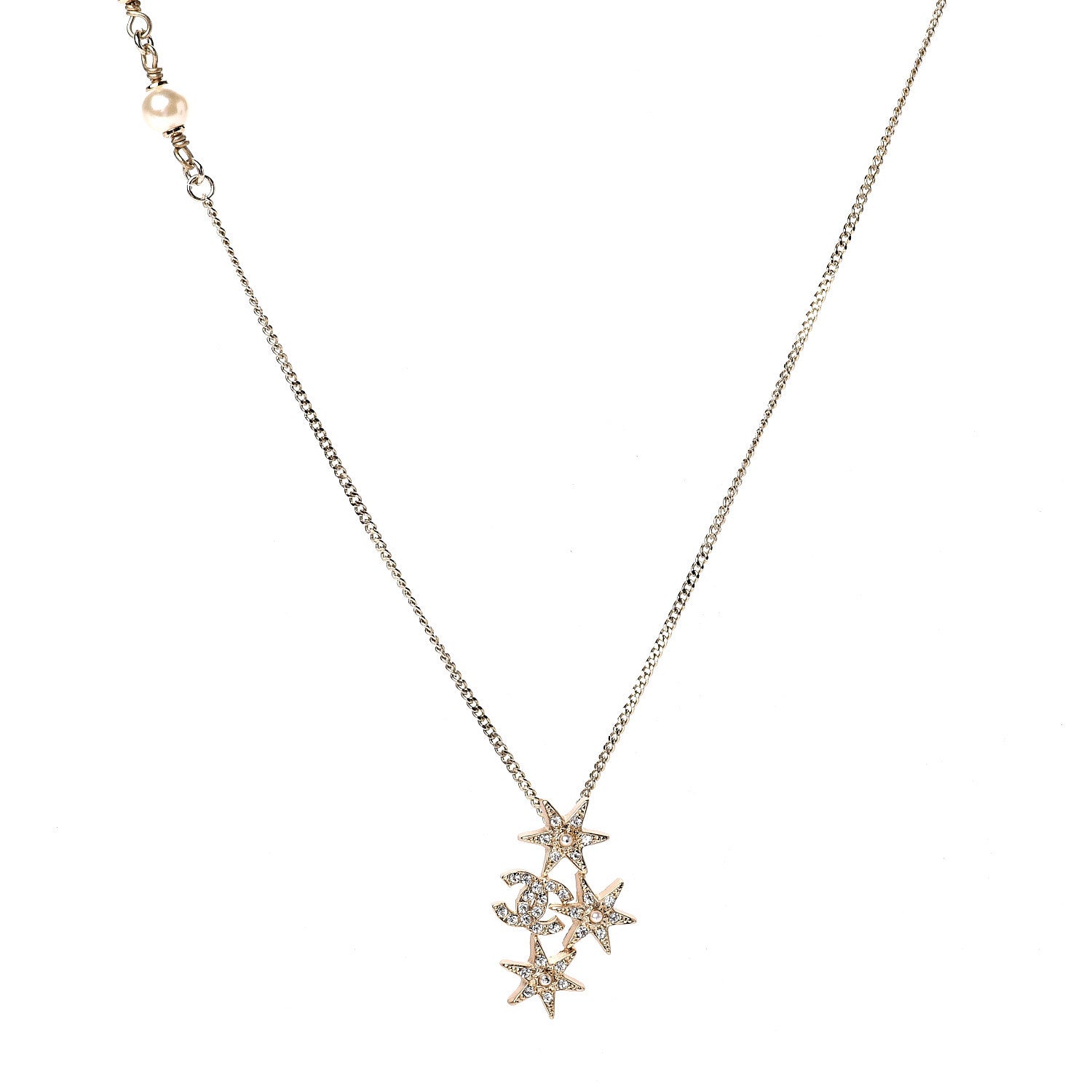 Chanel Crystal Pearl CC Star Necklace Gold 1 of 3