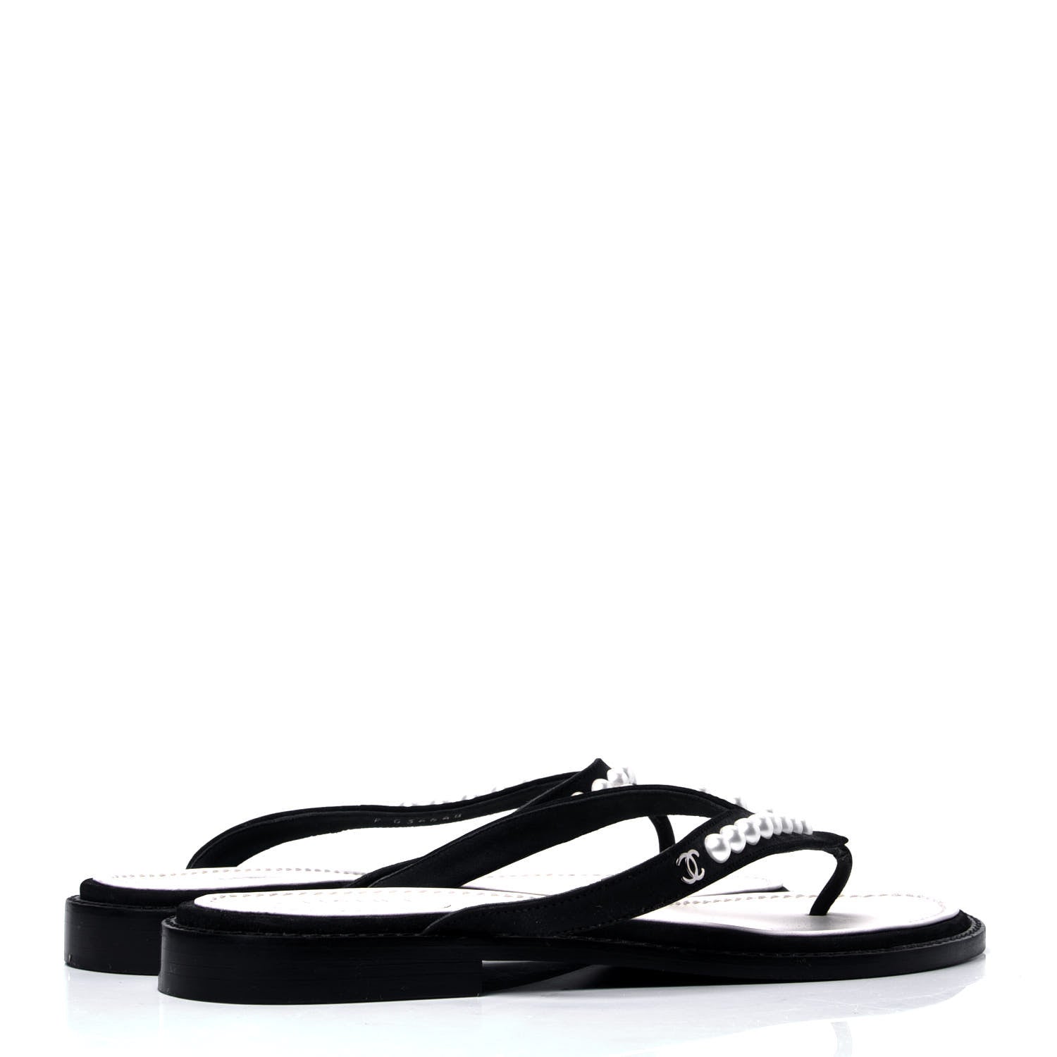 Chanel Suede Pearl Thong Sandals 37.5 Black 3 of 6