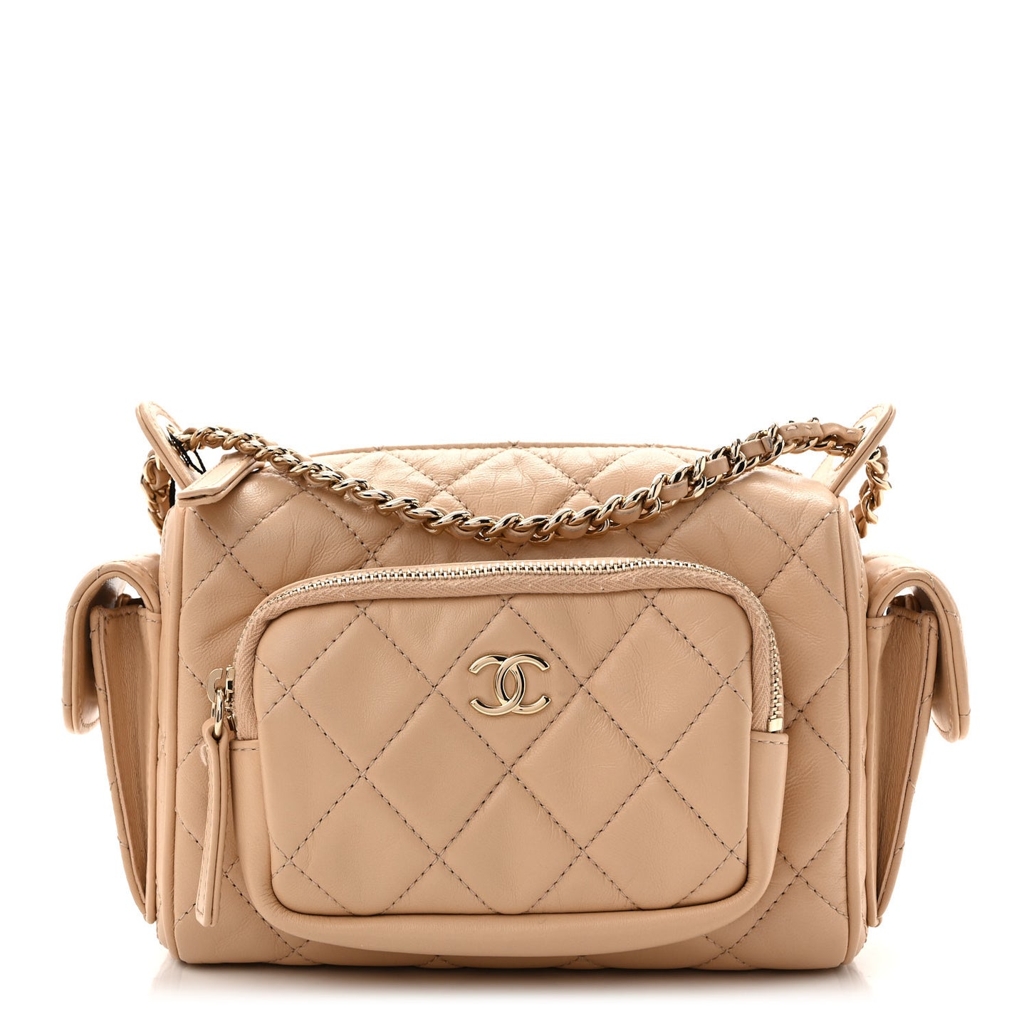 Shiny Crumpled Lambskin Quilted Small Preppy Pocket Camera Case Beige
