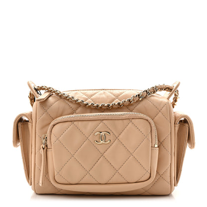Chanel Shiny Crumpled Lambskin Quilted Small Preppy Pocket Camera Case Beige 1 of 13