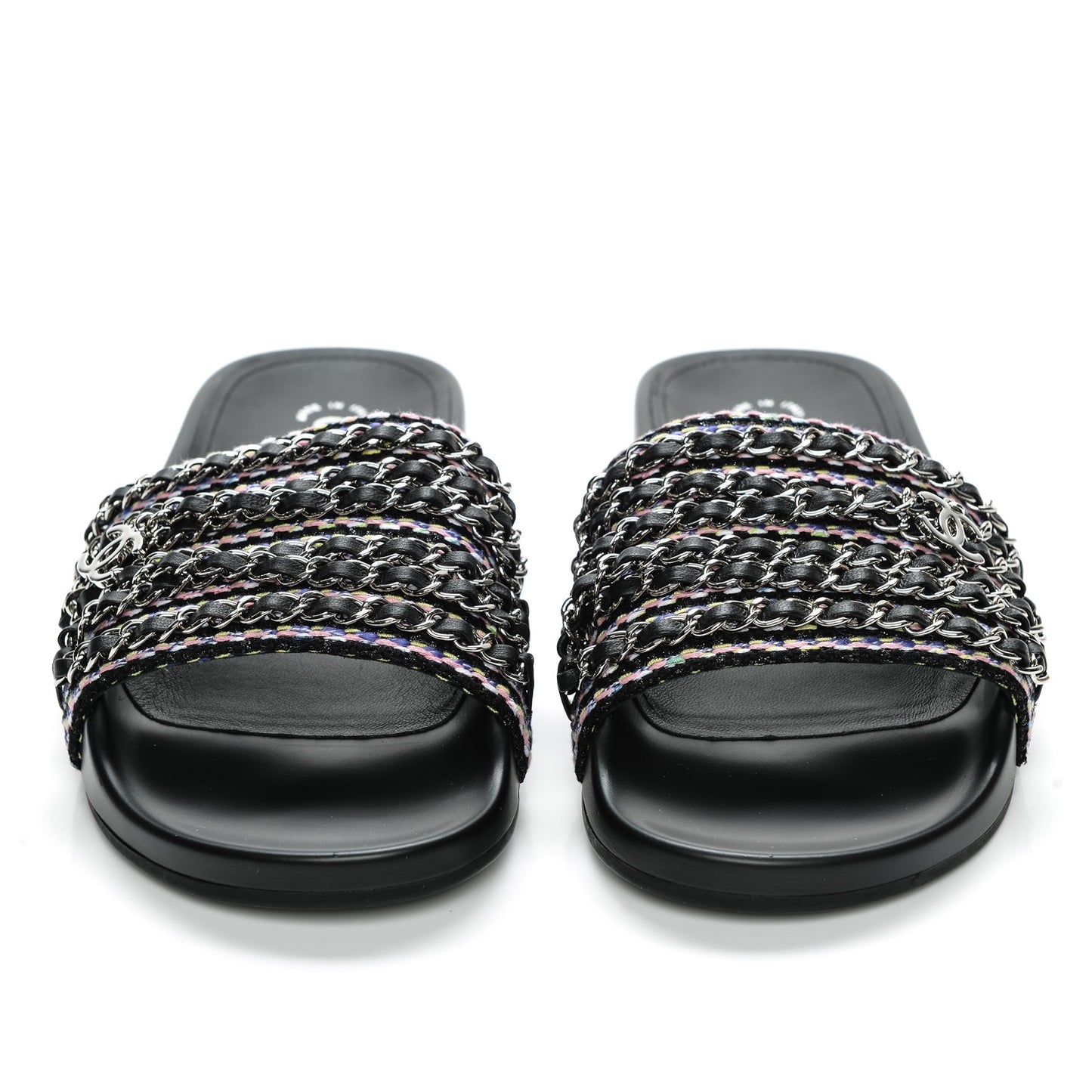 Tweed Lambskin Chain Flat Sandals 39 Black Multicolor