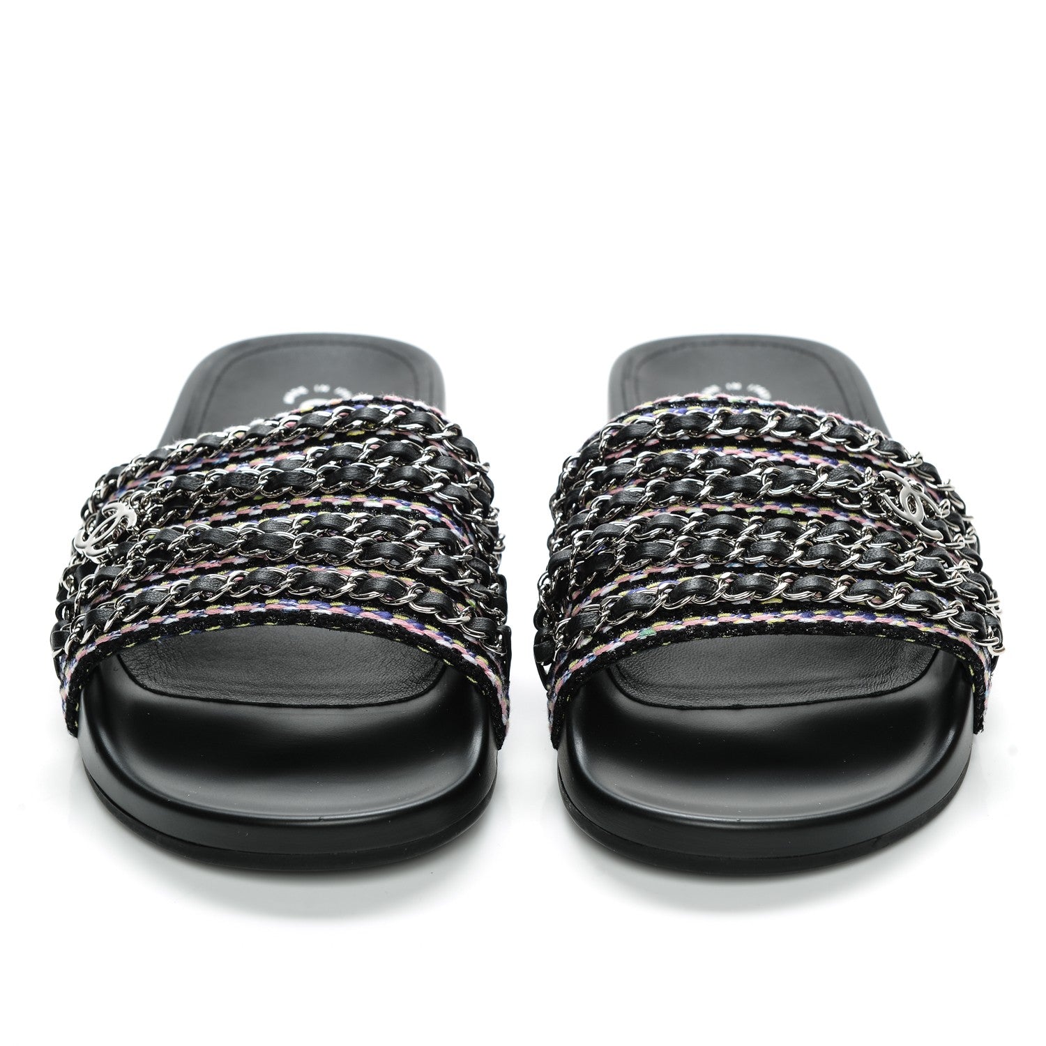 Chanel Tweed Lambskin Chain Flat Sandals 39 Black Multicolor 2 of 8