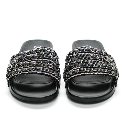 Chanel Tweed Lambskin Chain Flat Sandals 39 Black Multicolor 2 of 8