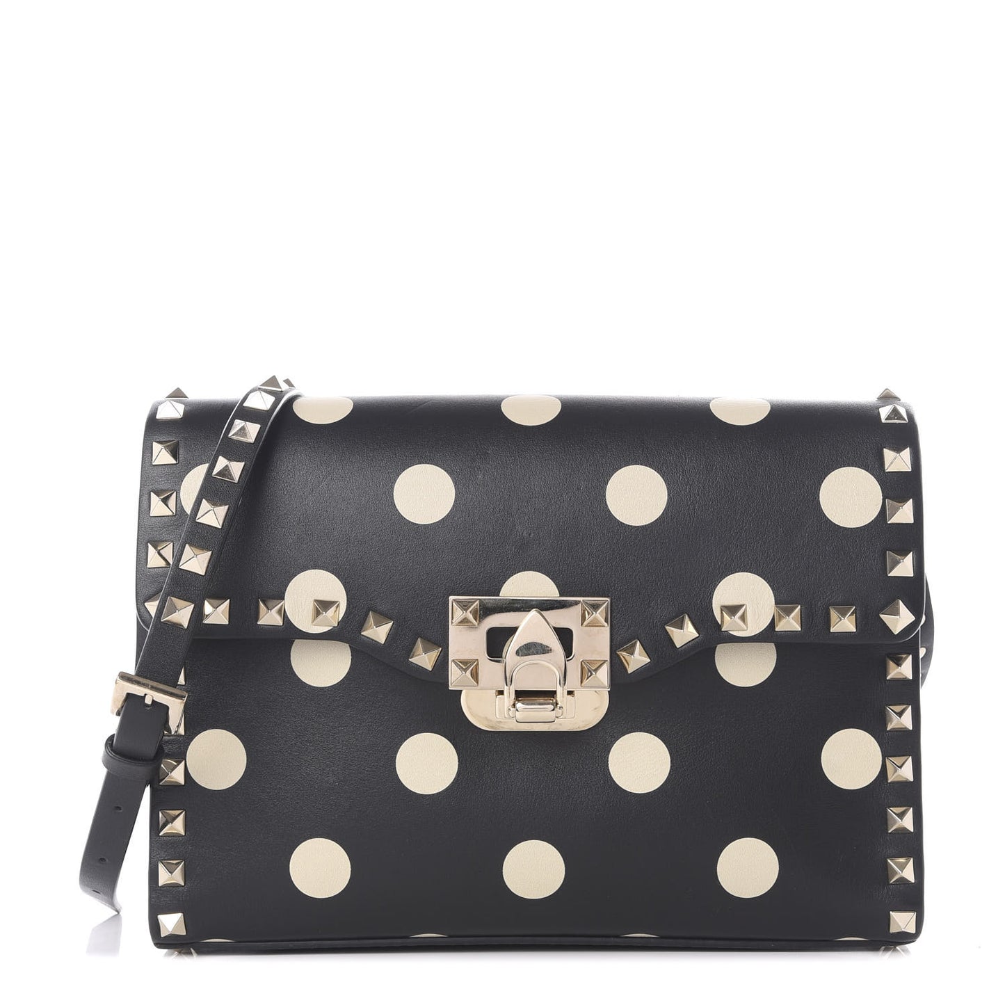 Vitello Polka Dot Medium Rockstud Flip Lock Crossbody Bag Black Light Ivory