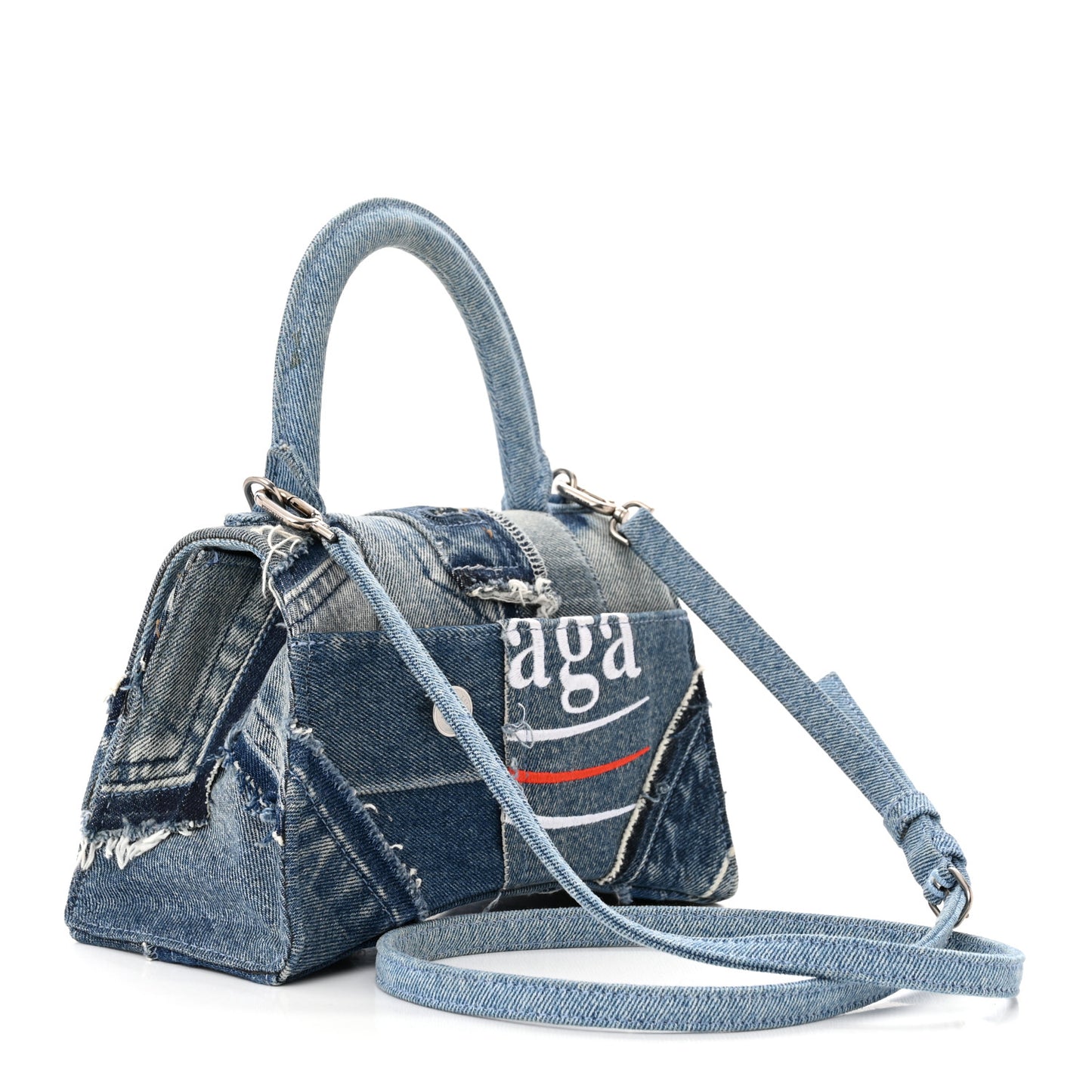 Denim Patchwork Small Hourglass Top Handle Bag Washed Blue