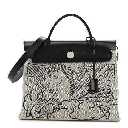 Hermes Vache Hunter Toile H Pegase Pop Herbag Zip Retourne 31 PM Bleu Indigo Ecru Black 2 of 11