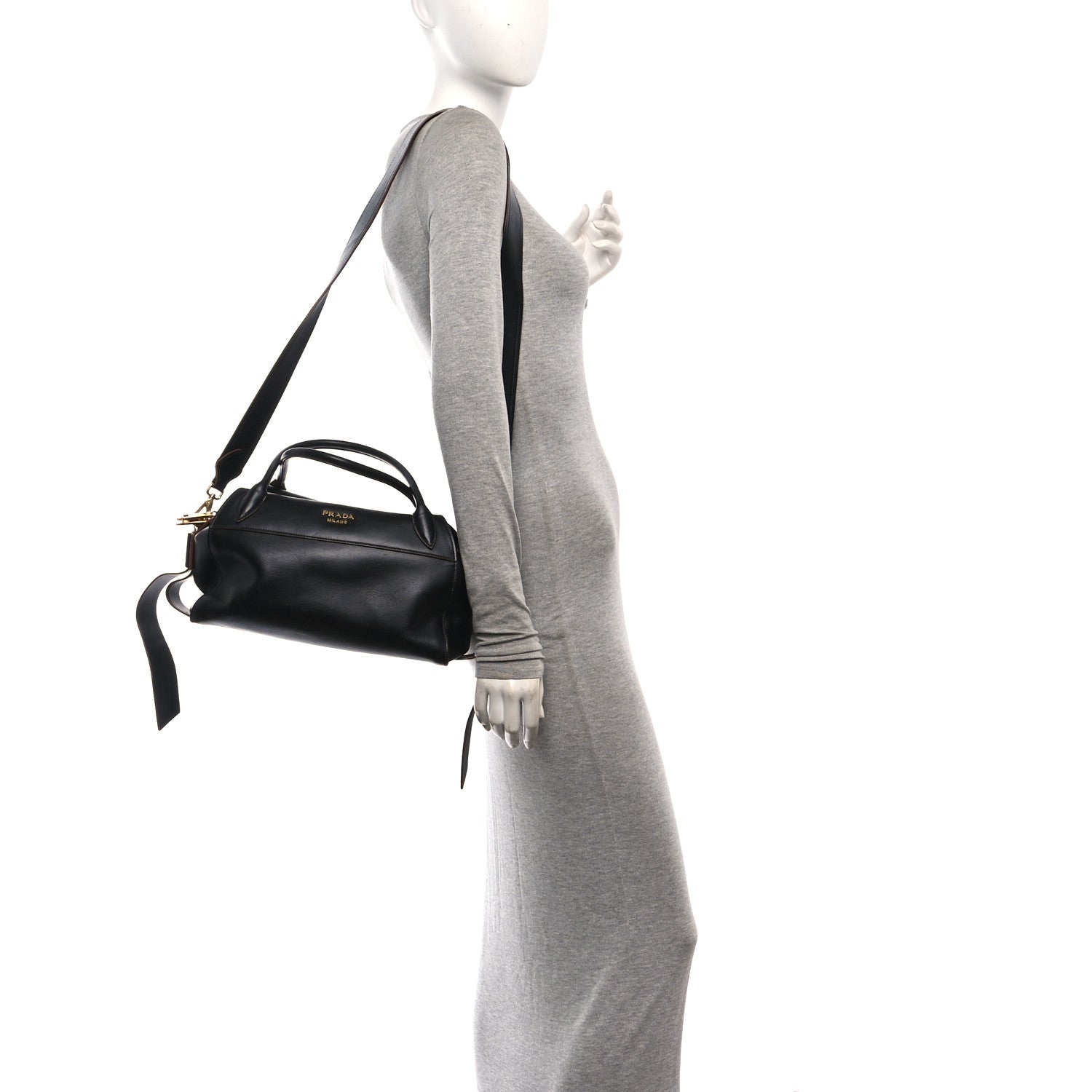 Prada City Calf Ribbon Bowling Bag Black 2 of 9