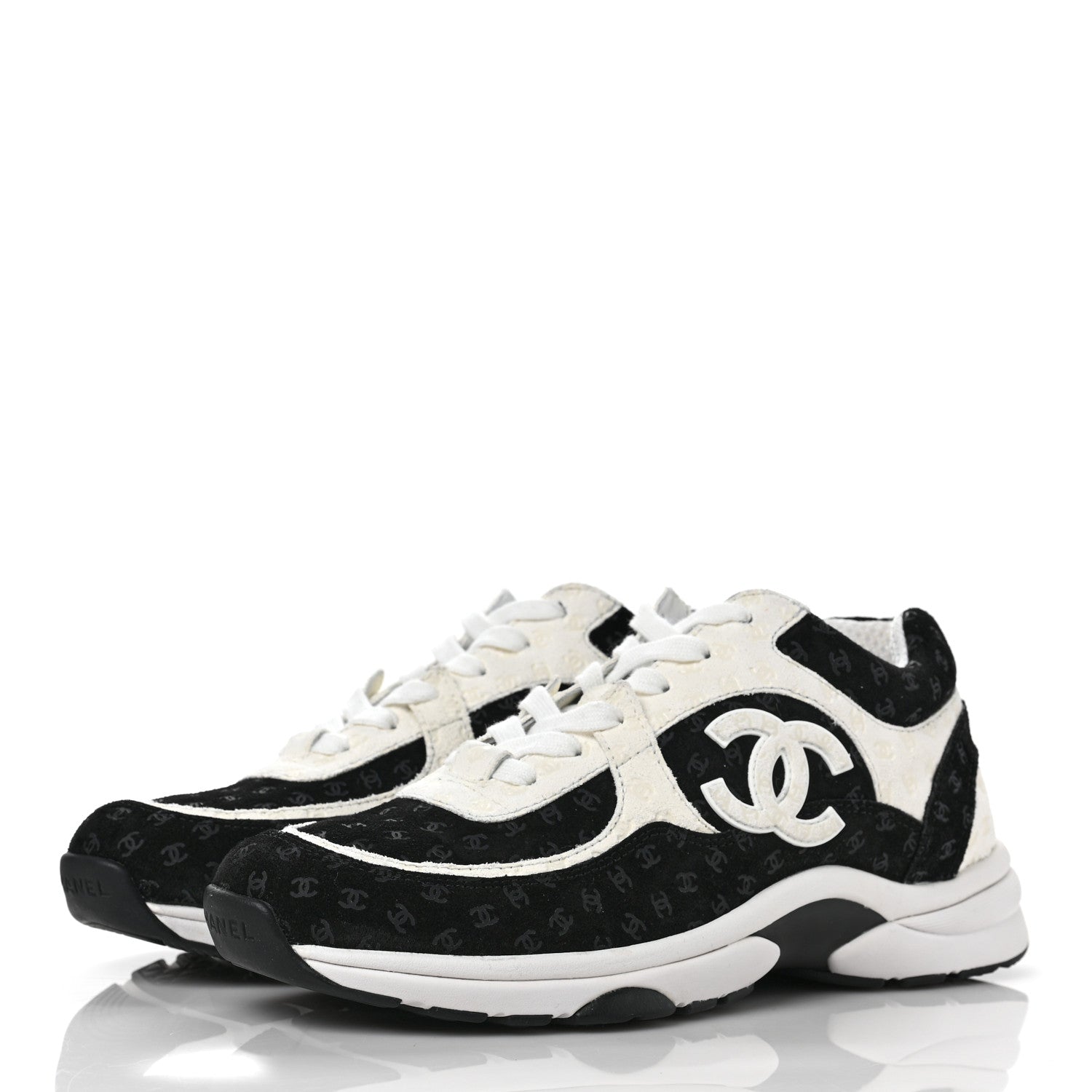 Chanel Suede Calfskin Printed CC Sneakers 38.5 Black White 3 of 9