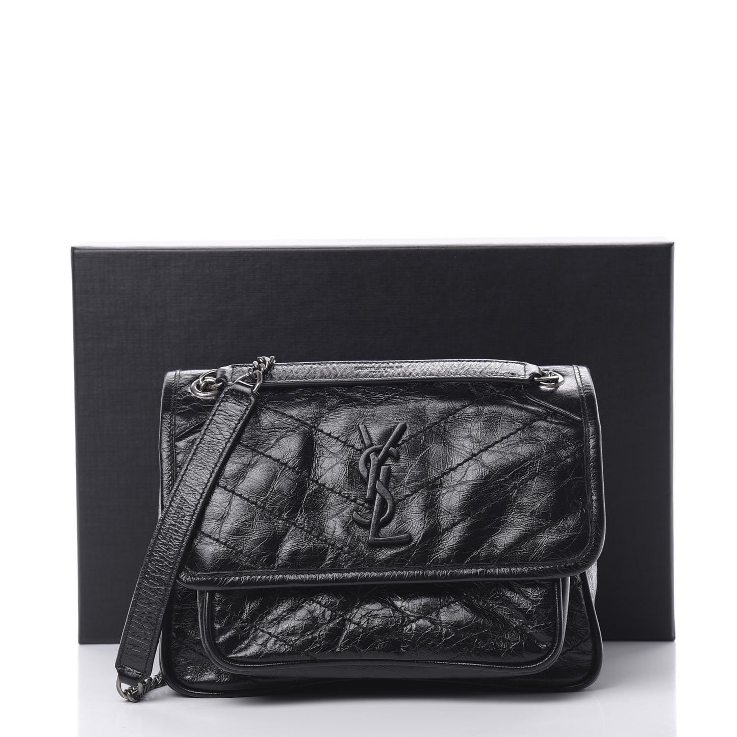 Crinkled Calfskin Matelasse Monogram Baby Niki Chain Satchel Black