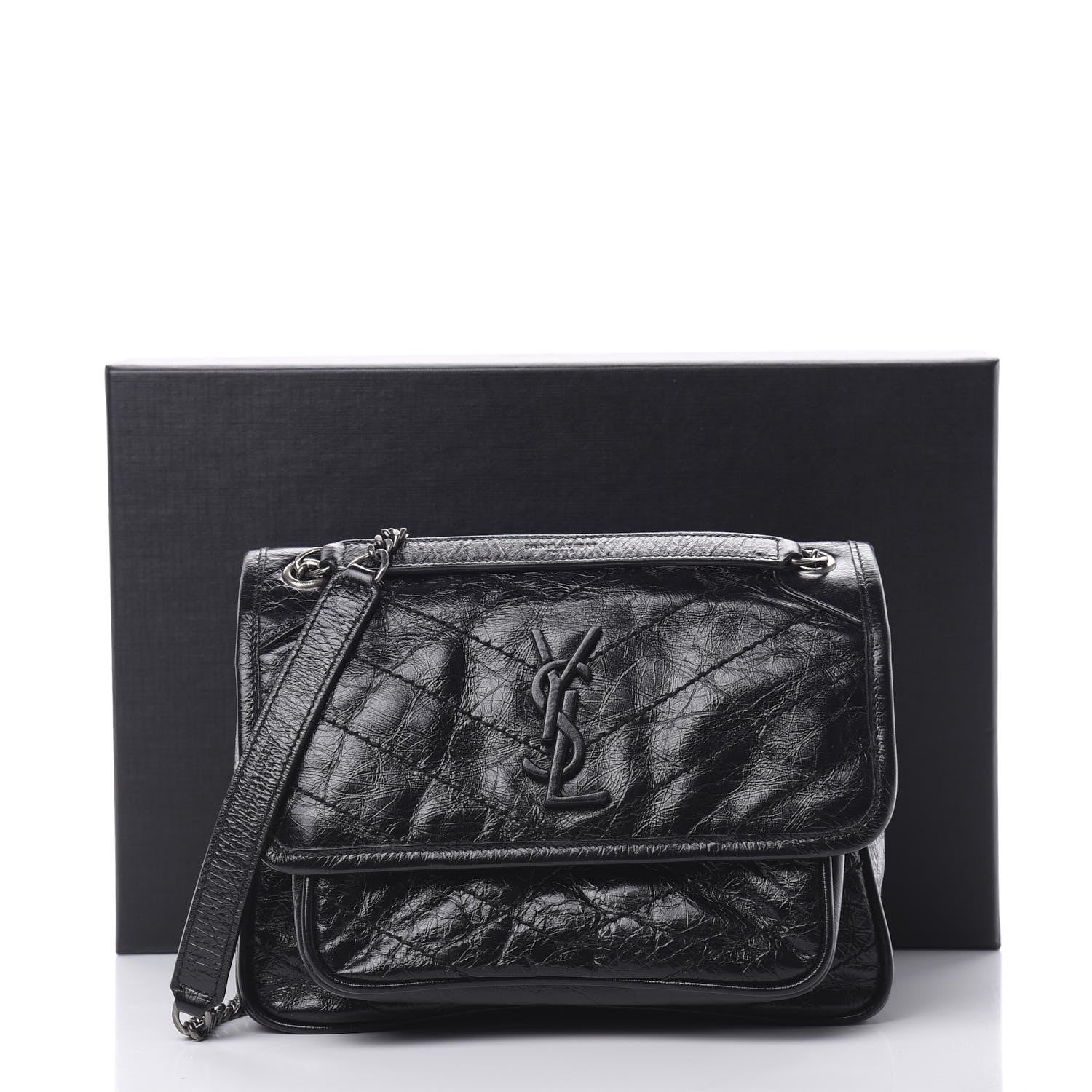 Saint Laurent Crinkled Calfskin Matelasse Monogram Baby Niki Chain Satchel Black 11 of 11