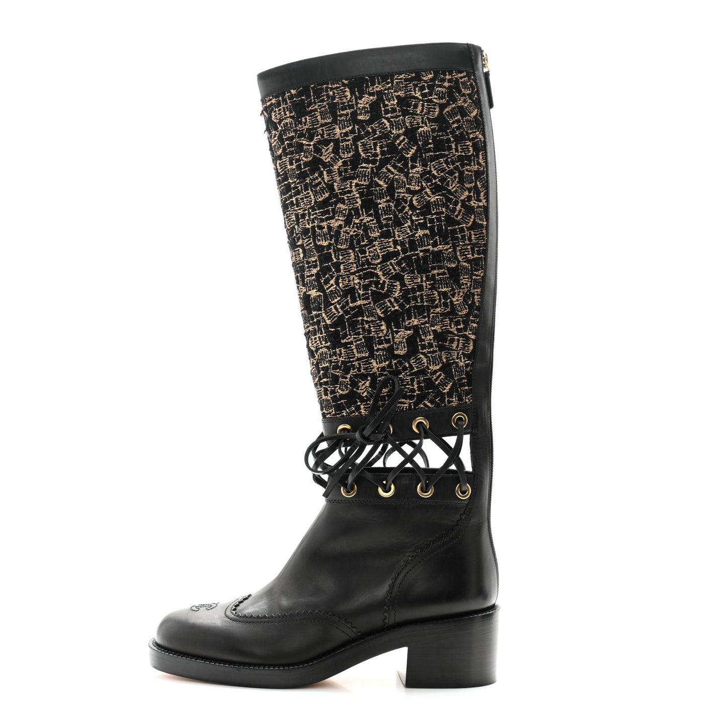 Tweed Calfskin Lace Up Knee Boots 38 Black