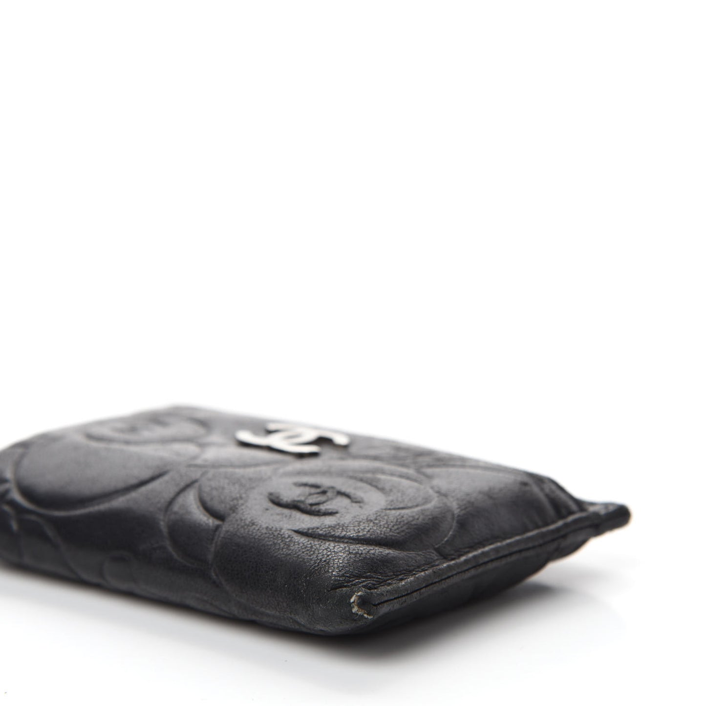 Lambskin Camellia Embossed Card Holder Black
