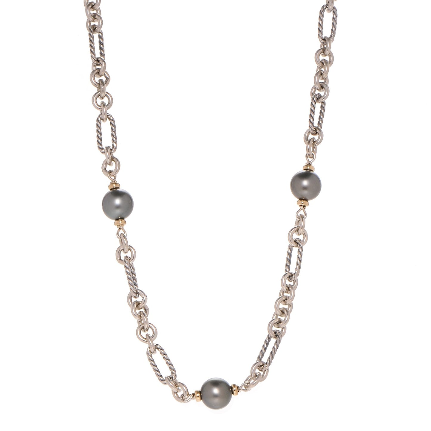 Sterling Silver 18K Yellow Gold Tahitian Pearl Figaro Chain Necklace