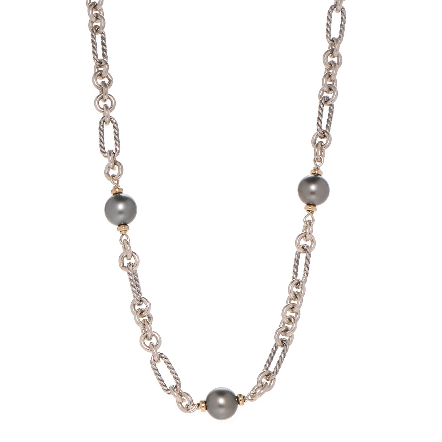 David Yurman Sterling Silver 18K Yellow Gold Tahitian Pearl Figaro Chain Necklace 1 of 6