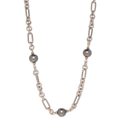 David Yurman Sterling Silver 18K Yellow Gold Tahitian Pearl Figaro Chain Necklace 1 of 6