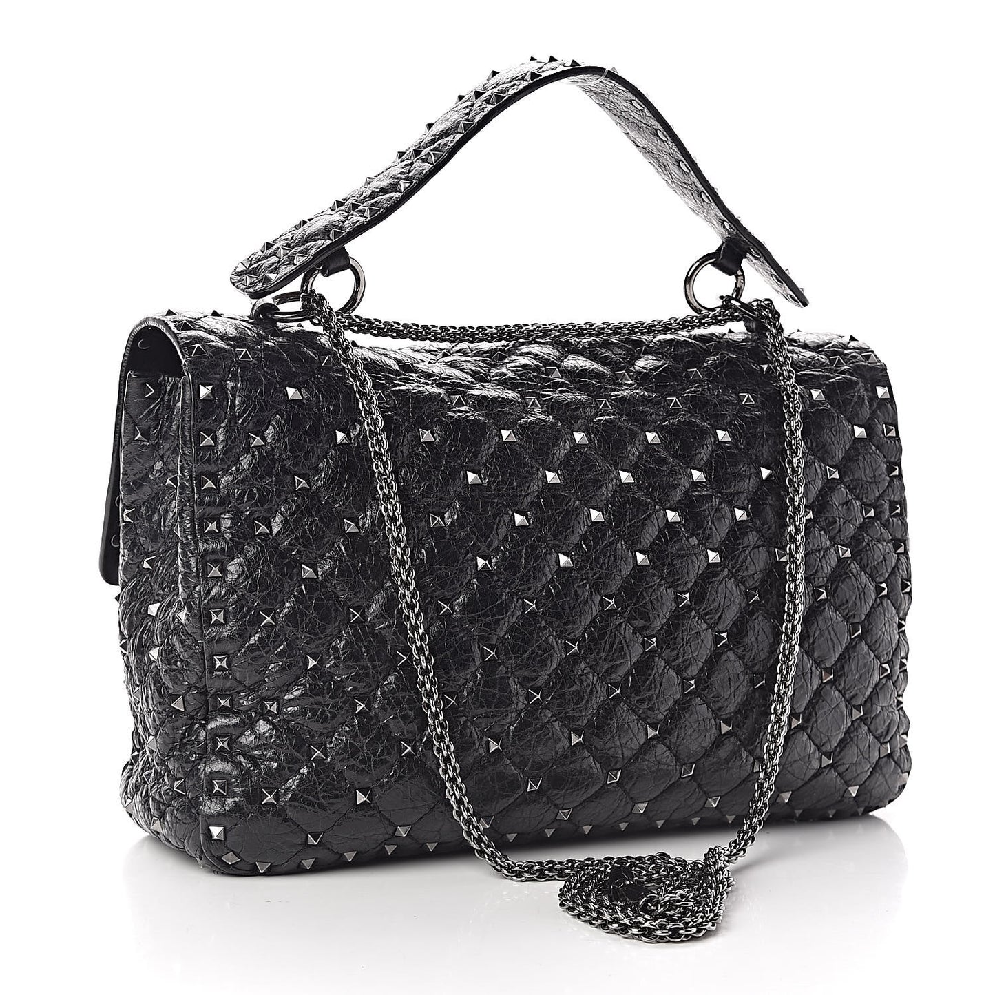 Craquele Nappa Large Rockstud Spike Shoulder Bag Black