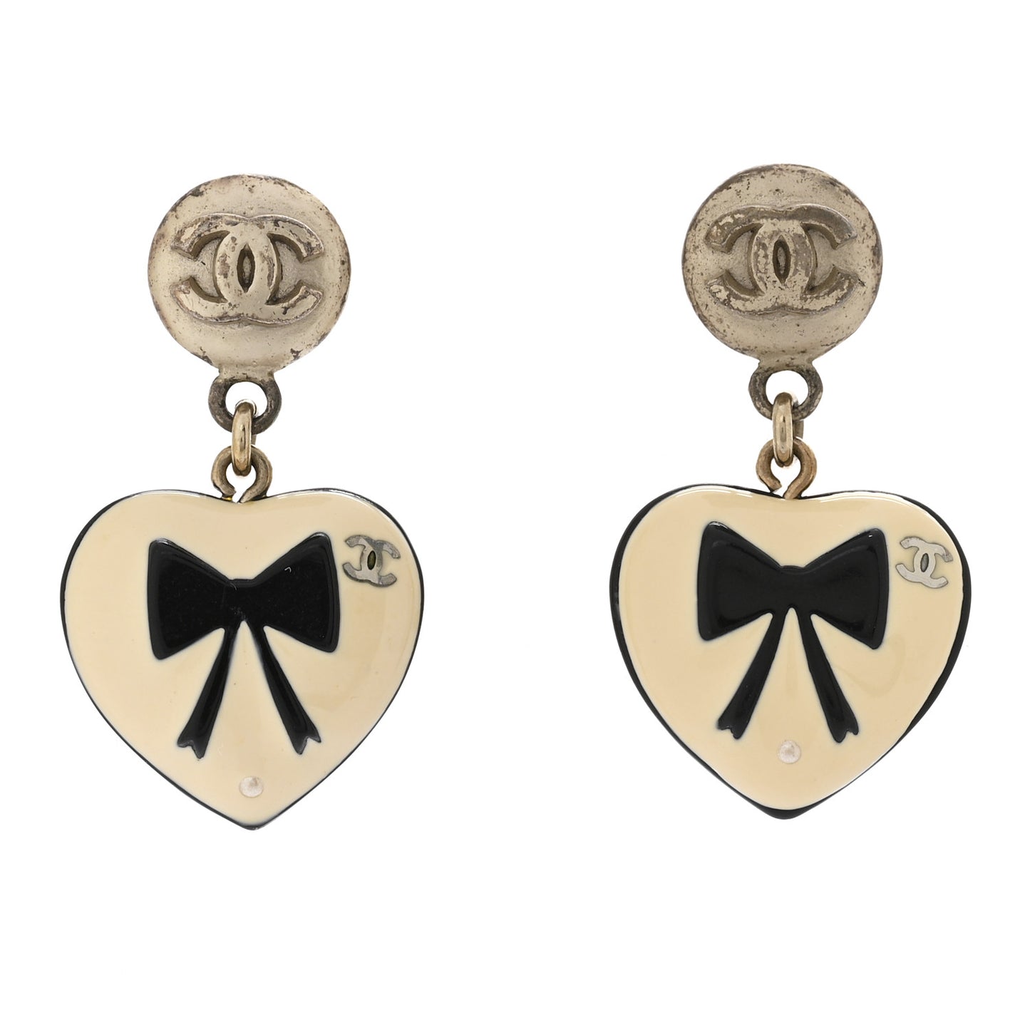 Enamel Heart Bow CC Dangle Earrings Gold