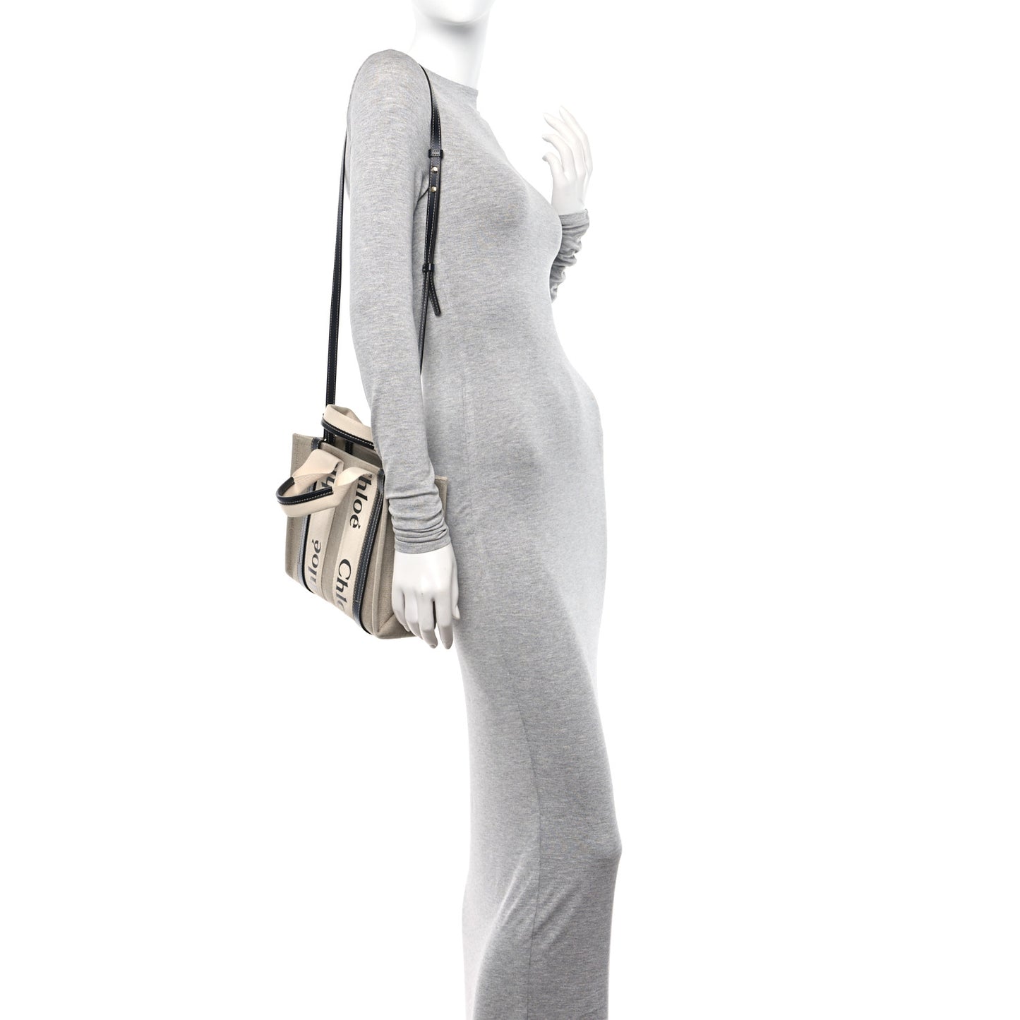 Linen Calfskin Small Woody Ribbon Tote With Strap White Navy