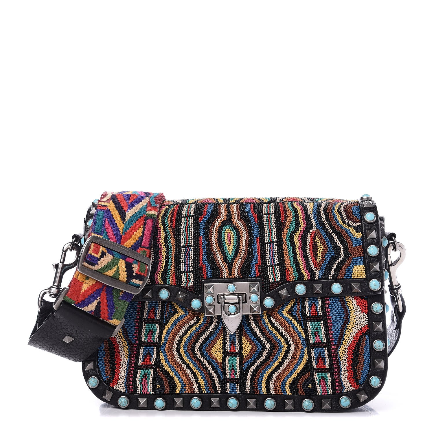 Valentino Garavani Pebbled Calfskin Beaded Medium Guitar Strap Rockstud Rolling Flap Saddle Bag Black 1 of 9