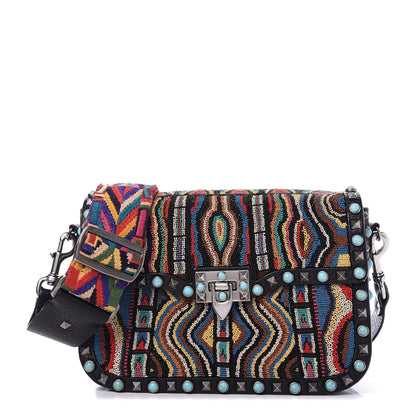 Valentino Garavani Pebbled Calfskin Beaded Medium Guitar Strap Rockstud Rolling Flap Saddle Bag Black 1 of 9