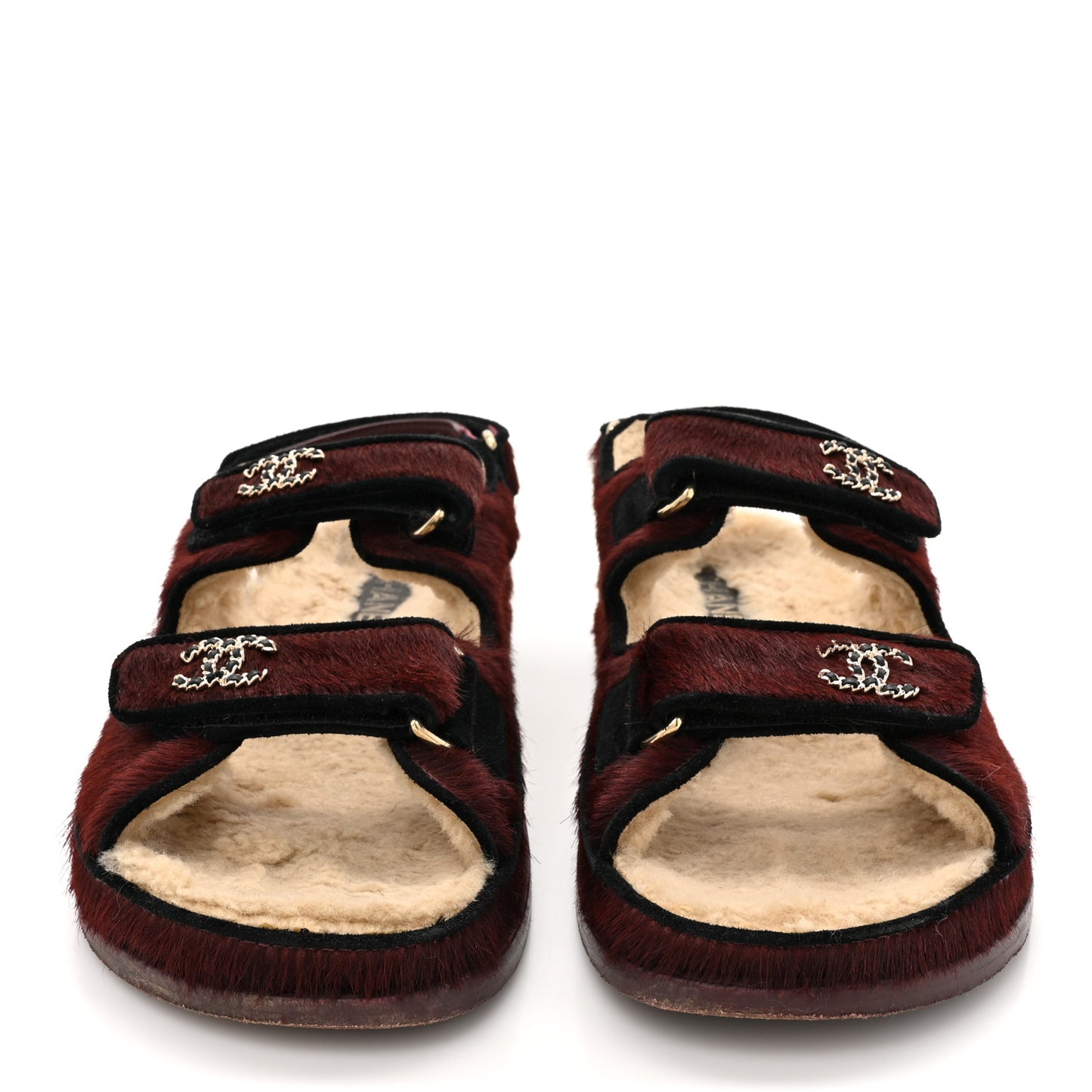 Calf Hair Suede Shearling Dad Sandals 38 Burgundy Black