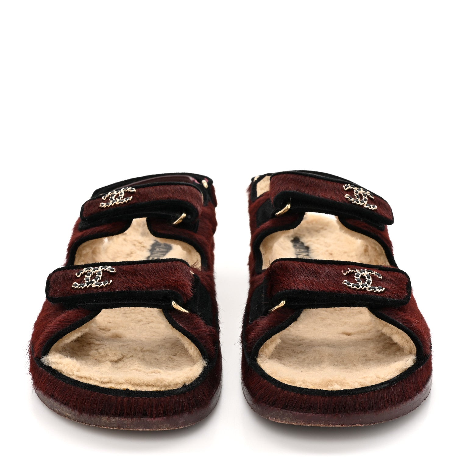 Chanel Calf Hair Suede Shearling Dad Sandals 38 Burgundy Black 3 of 11